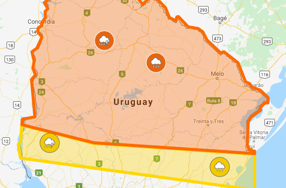 Continúa Alerta Naranja hasta medio día por persistencia tormentas y lluvias en gran parte de Uruguay.